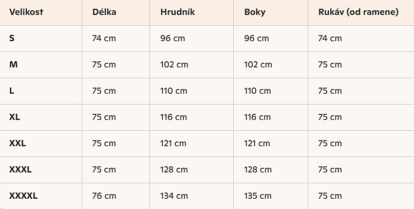 Nosicí mikina Greyse tabulka velikostí